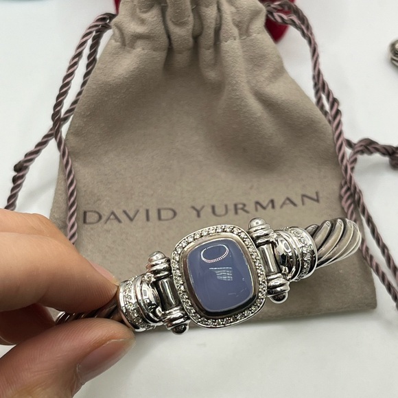 David Yurman Blue Chalcedony Diamond Sterling Silver 18K Gold Cable Bracelet - Picture 3 of 11